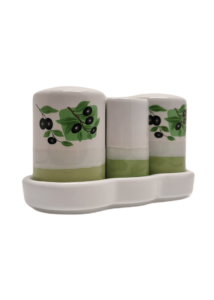 Duo sel/ poivre et porte piques cramique sur plateau dcor olives 12,5x5,5x7 cm