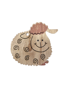 Mouton en bois naturel avec une touche de rose 5 x 5 cm et un trou  accrocher