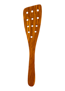 Grande spatule en bois dolivier courbs avec 12 trous percs RIZES 30 cm
