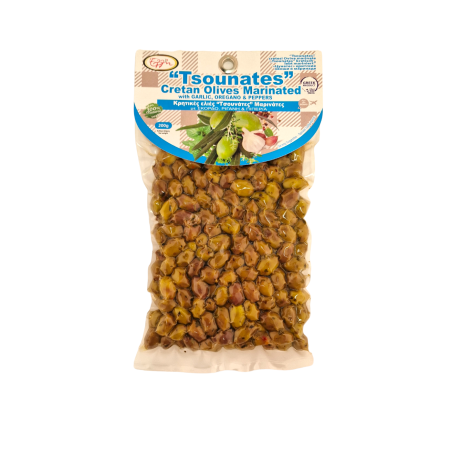 Olives de Crète variété Tsounati marinées à l'ail, à l'origan et aux poivrons ELLIE 200 g