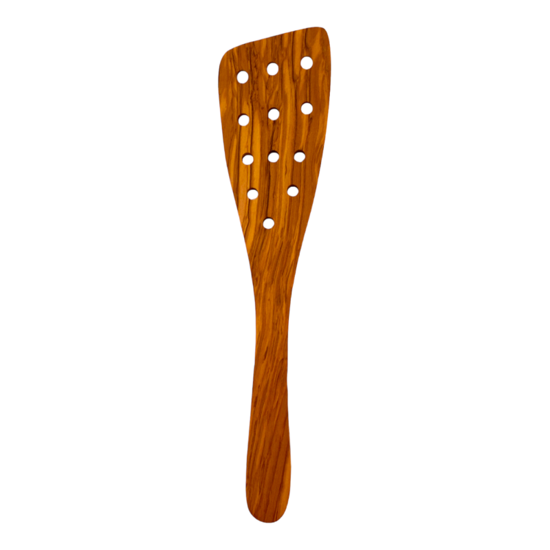 Grande spatule en bois d’olivier courbés avec 12 trous percés RIZES 30 cm