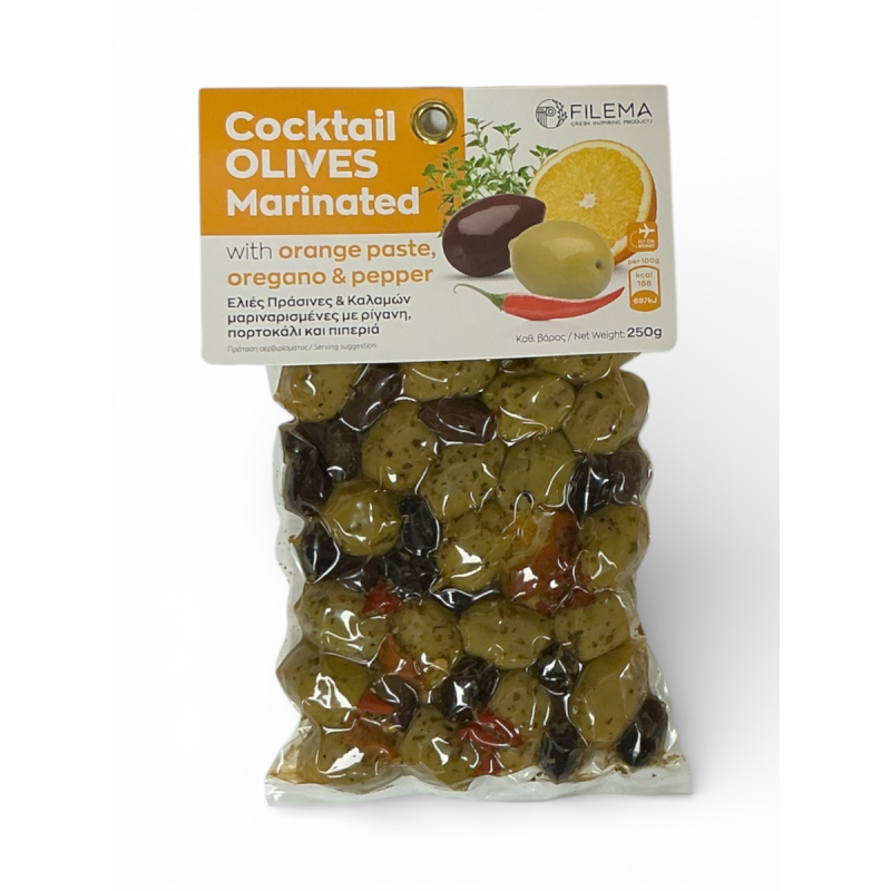Olives grecques vertes et Kalamata marinées orange origan et poivre FILEMA 250 g