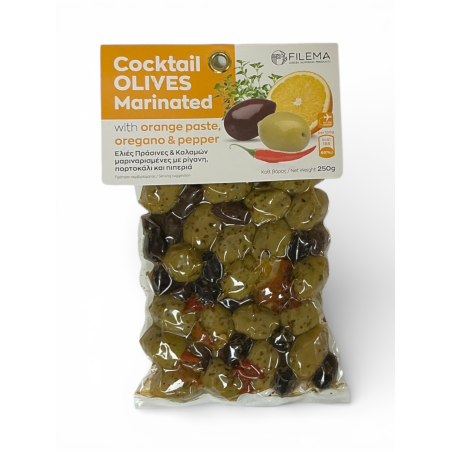 Olives grecques vertes et Kalamata marinées orange origan et poivre FILEMA 250 g
