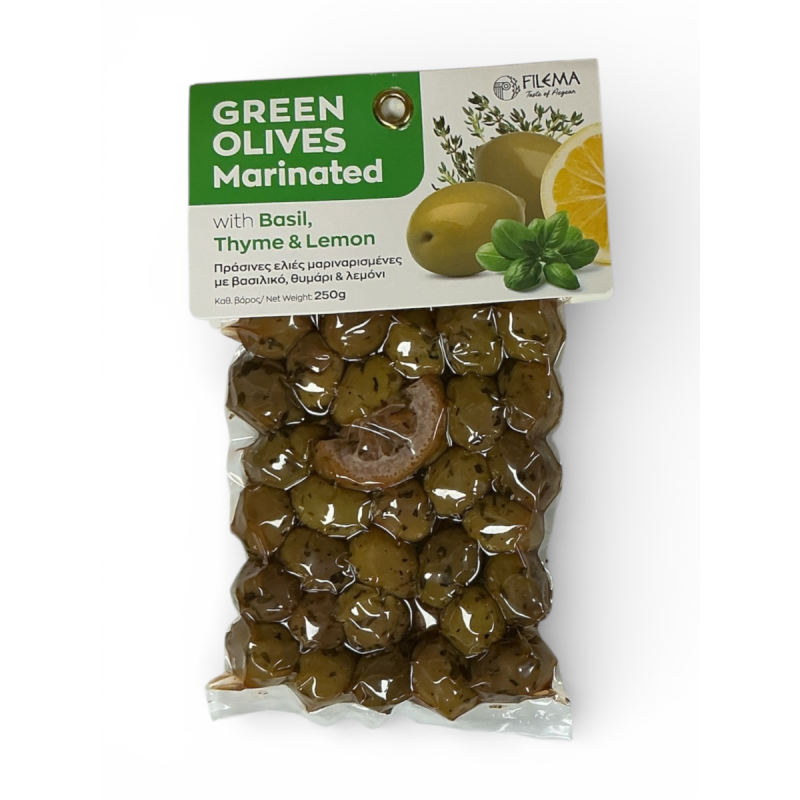 Olives grecques vertes Atlas basilic thym citron FILEMA 250 g Olives grecques vertes Atlas basilic thym citron FILEMA 250 g
