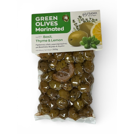 Olives grecques vertes Atlas basilic thym citron FILEMA 250 g