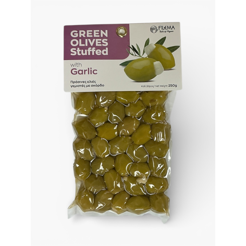 Olives grecques vertes Atlas farcies à l’ail FILEMA 250 g Olives grecques vertes Atlas farcies à l’ail FILEMA 250 g