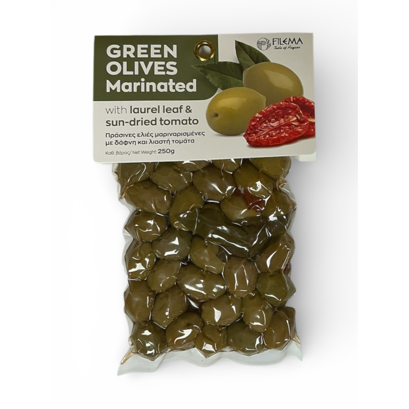 Olives grecques vertes Atlas marinées tomate séchée et feuille de laurier FILEMA 250 g Olives grecques vertes Atlas marinées tomate séchée et feuille de laurier FILEMA 250 g