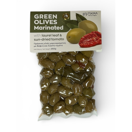 Olives grecques vertes Atlas marinées tomate séchée et feuille de laurier FILEMA 250 g