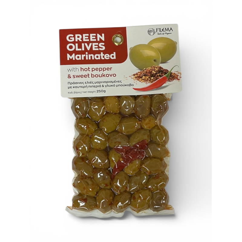 Olives grecques vertes Atlas marinées piment fort et boukovo doux FILEMA 250 g Olives grecques vertes Atlas marinées piment fort et boukovo doux FILEMA 250 g