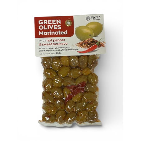 Olives grecques vertes Atlas marinées piment fort et boukovo doux FILEMA 250 g