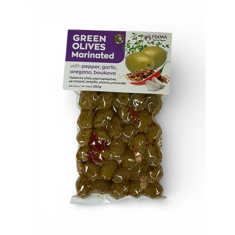 Olives grecques vertes Atlas marinées poivron ail origan et boukovo FILEMA 250 g
