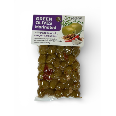 Olives grecques vertes Atlas marinées poivron ail origan et boukovo FILEMA 250 g