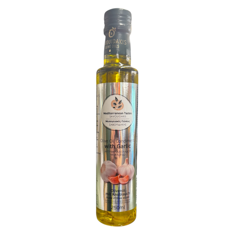 Huile d'olive vierge extra infusée à l'ail SAVOUIDAKIS en bouteille 250 ml Huile d'olive vierge extra infusée à l'ail SAVOUIDAKIS en bouteille 250 ml