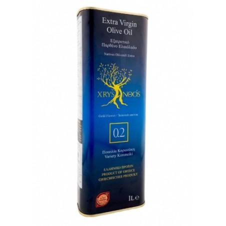 Huile d'olive CHRYSANTHOS AOP Mylopotamos 0,2 acidité en bidon métallique 1 l