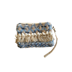 Pochette en jute et coton bleu et beige RIZES 17X25 cm