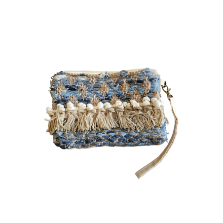 Pochette en jute et coton bleu et beige RIZES 17X25 cm