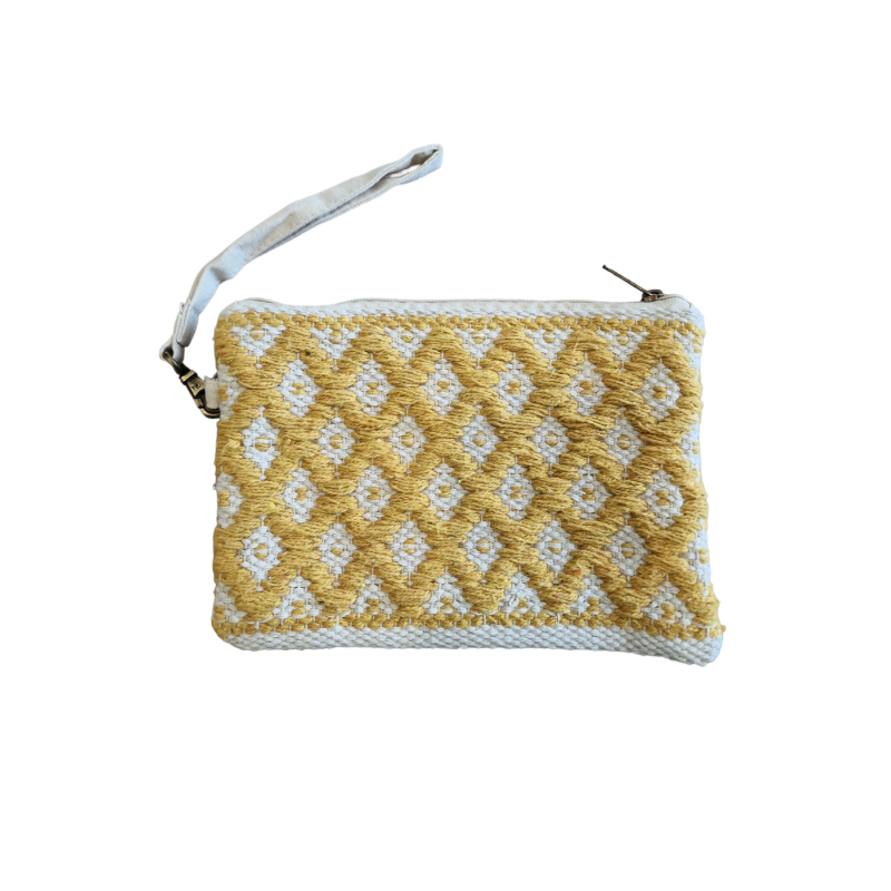 Pochette bohème tissée jaune et beige RIZES 17x25 cm