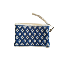 Pochette bohème tissée bleue et beige RIZES, 17x25 cm