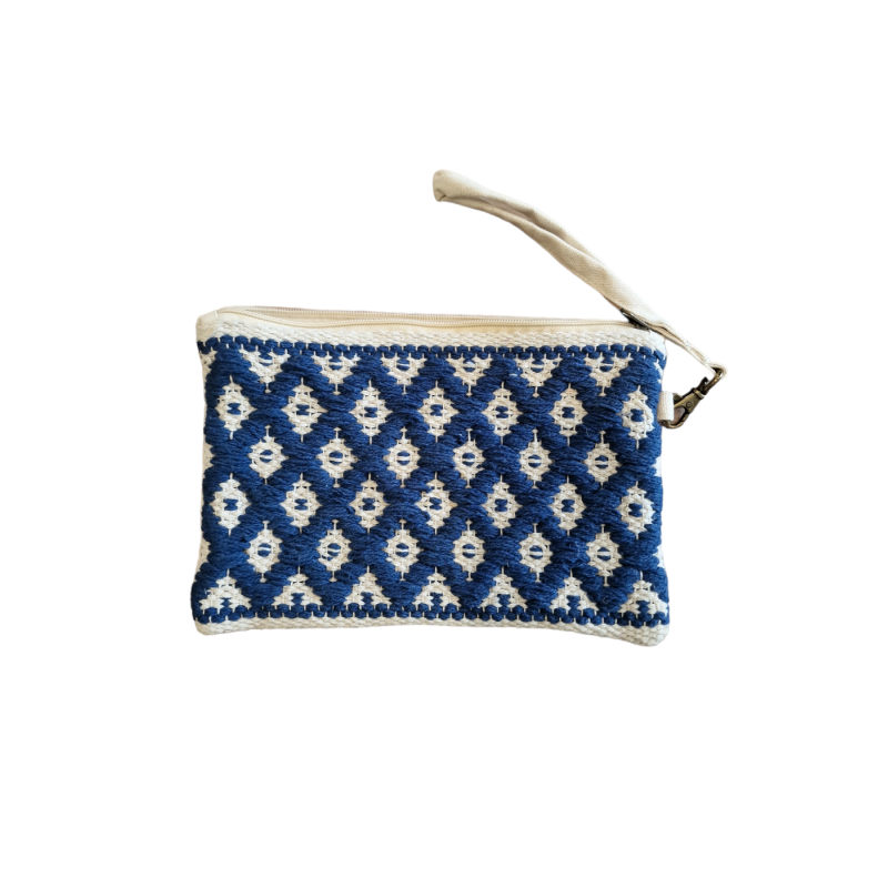 Pochette bohème tissée bleue et beige RIZES, 17x25 cm