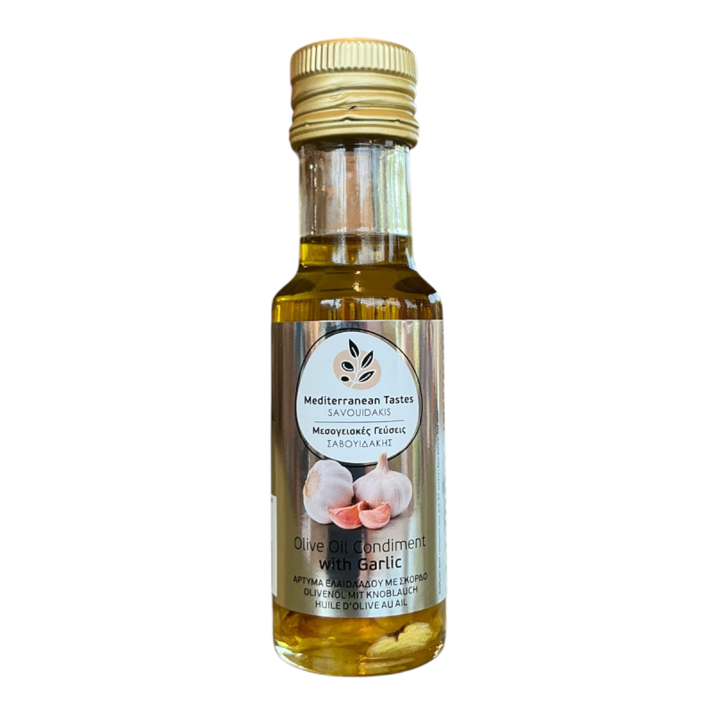 Huile d'olive vierge extra infusée à l'ail SAVOUIDAKIS en bouteille 100 ml Huile d'olive vierge extra infusée à l'ail SAVOUIDAKIS en bouteille 100 ml