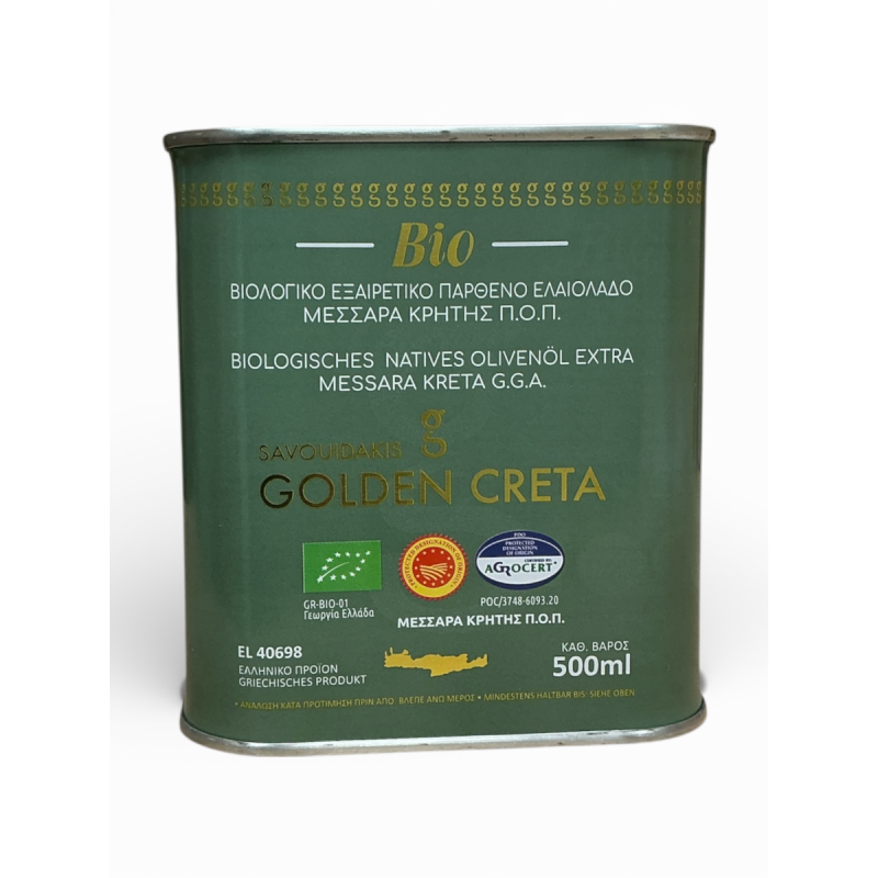 Huile d'olive vierge extra BIO de Messara AOP GOLDEN CRETA SAVOUIDAKIS en bidon 500 ml Huile d'olive vierge extra BIO de Messara AOP GOLDEN CRETA SAVOUIDAKIS en bidon 500 ml