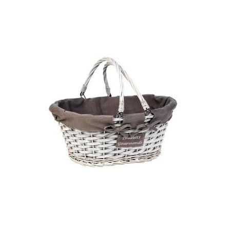 Panier ovale osier/bois coloris gris/tissu et broderie anses rabattables 42x32x1
