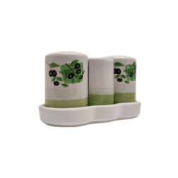 Duo sel/ poivre et porte piques céramique sur plateau décor olives 12,5x5,5x7 cm