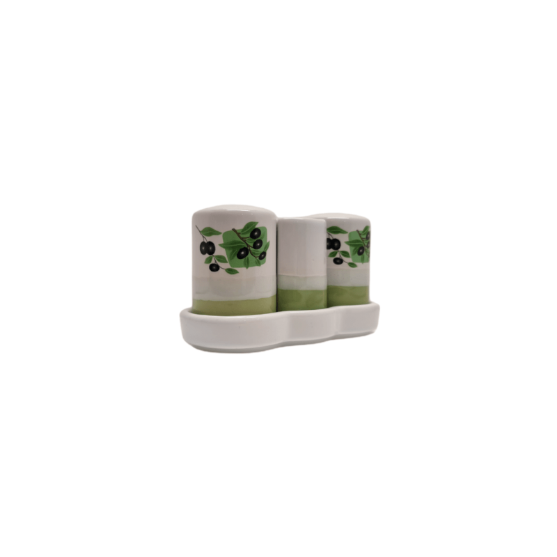 Duo sel/ poivre et porte piques céramique sur plateau décor olives 12,5x5,5x7 cm