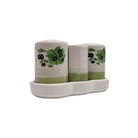 Duo sel/ poivre et porte piques céramique sur plateau décor olives 12,5x5,5x7 cm