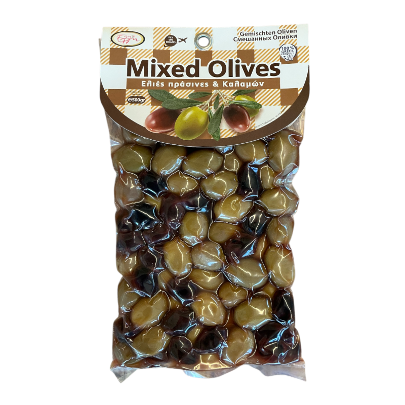 Olives mixtes grecques, vertes et noires, en sous vide ELLIE 500 g Olives mixtes grecques, vertes et noires, en sous vide ELLIE 500 g