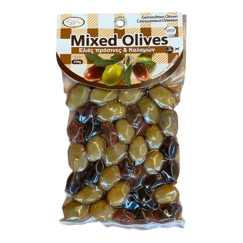 Olives mixtes grecques, vertes et noires, en sous vide ELLIE 250 g Olives mixtes grecques, vertes et noires, en sous vide ELLIE 250 g