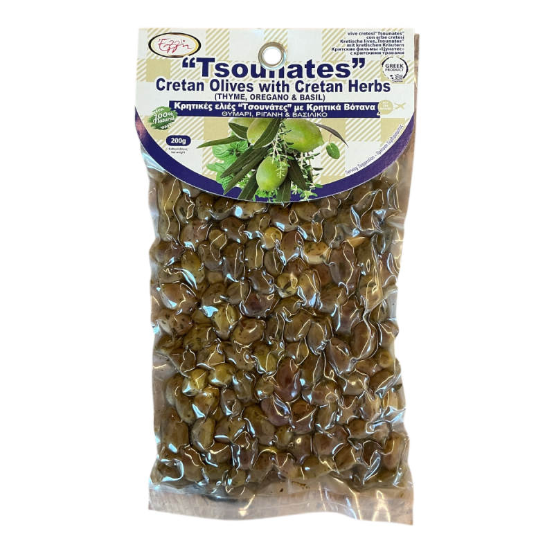Olives de Crète variété Tsounati marinées aux "thym, origan et basilic" ELLIE 200 g Olives de Crète variété Tsounati marinées aux "thym, origan et basilic" ELLIE 200 g