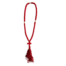 Komboskini laine avec 3 perles - chapelet de prière orthodoxe rouge 100 nœuds