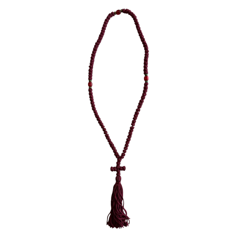Komboskini laine avec 3 perles - chapelet de prière orthodoxe bordeaux 100 nœuds Komboskini laine avec 3 perles - chapelet de prière orthodoxe bordeaux 100 nœuds