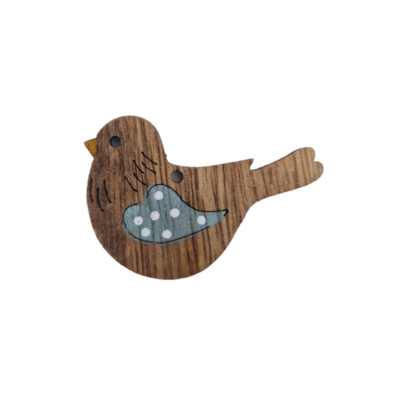 Oiseau en bois naturel avec une touche de bleu ciel 5 x 4 cm et un trou à accrocher
