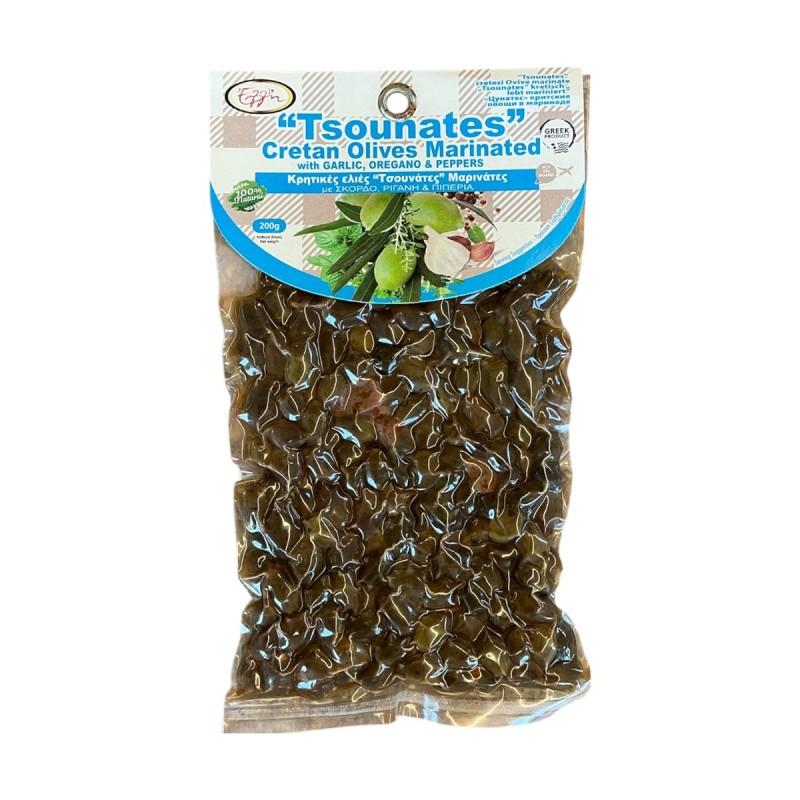 Olives de Crète variété Tsounati marinées à l'ail, à l'origan et aux poivrons ELLIE 200 g Olives de Crète variété Tsounati marinées à l'ail, à l'origan et aux poivrons ELLIE 200 g