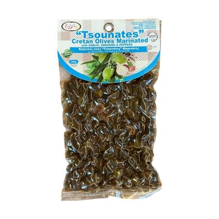 Olives de Crète variété Tsounati marinées à l'ail, à l'origan et aux poivrons ELLIE 200 g