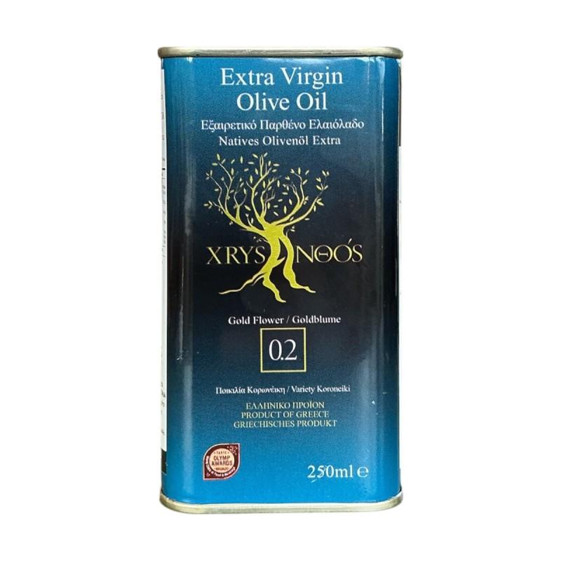 Huile d'olive CHRYSANTHOS AOP Mylopotamos 0,2 acidité en bidon métallique 250 ml
