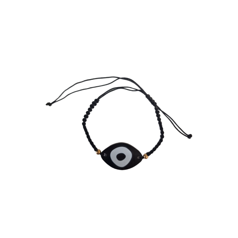 Bracelet de cordelette noire avec ornement d'oeil noir et perles dorées
