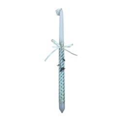 Bougie de Pâques décorée de tissu bleu et doré et protections sacrées - Lambada 42 cm