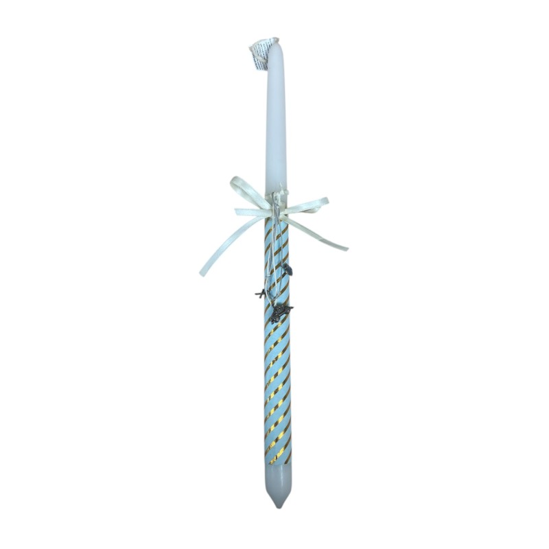 Bougie de Pâques décorée de tissu bleu et doré et protections sacrées - Lambada 42 cm