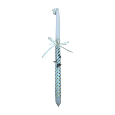 Bougie de Pâques décorée de tissu bleu et doré et protections sacrées - Lambada 42 cm
