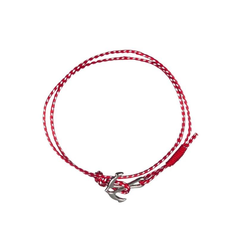Bracelet rouge-blanc avec ancre marine argenté ajustable - Martaki
