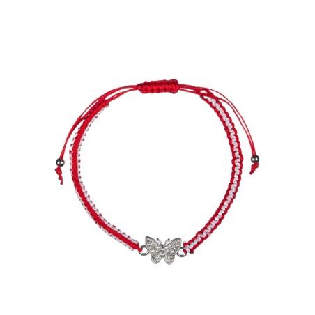 Bracelet tressé rouge-blanc avec un papillon argenté ajustable - Martaki
