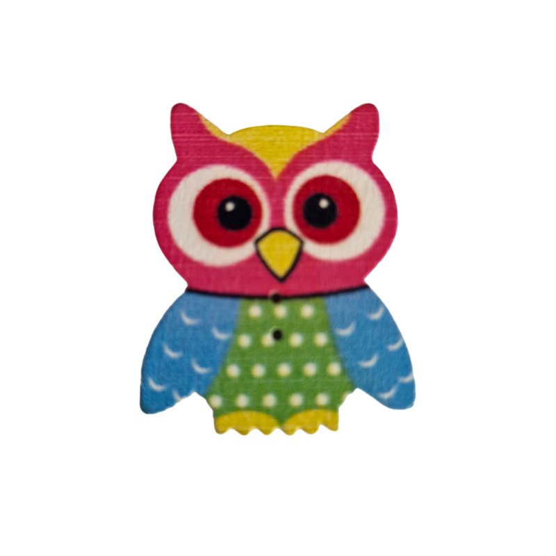 Chouette en bois coloré en différentes couleurs avec deux petits trous de type bouton 35x30mm, trous 1 mm