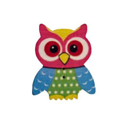 Chouette en bois coloré en différentes couleurs avec deux petits trous de type bouton 35x30mm, trous 1 mm