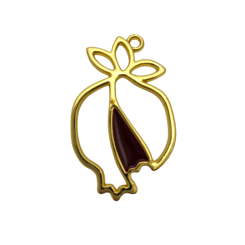 Pendentif grenade métallique en or et rouge avec 3 feuilles 5 cm