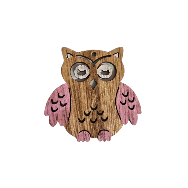 Figurine de chouette en bois rose 5cm x 5 cm avec trou