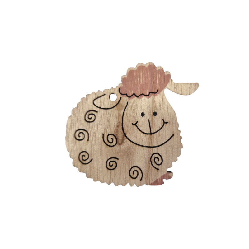 Mouton en bois naturel avec une touche de rose 5 x 5 cm et un trou à accrocher