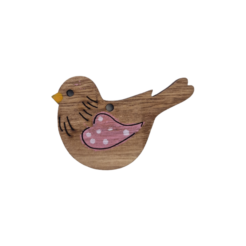 Oiseau en bois naturel avec une touche rose 5 x 4 cm et un trou à accrocher Oiseau en bois naturel avec une touche rose 5 x 4 cm et un trou à accrocher